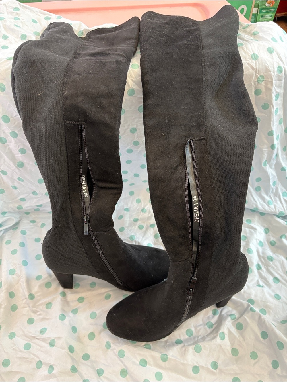 Black Over-the-Knee Stretch Boots with Low Block Heel